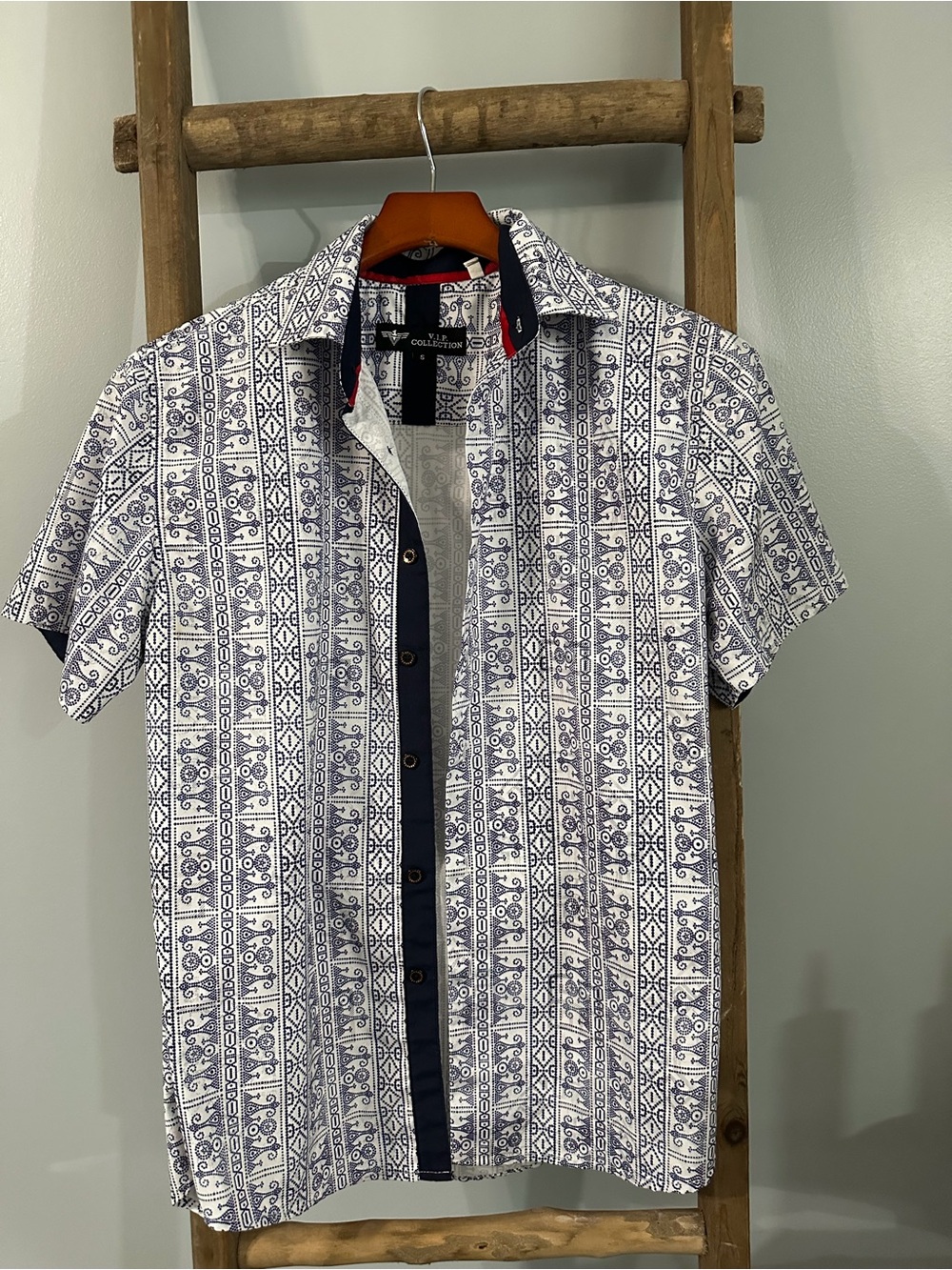 Short-Sleeve White & Navy Patterned Button-Down Shirt